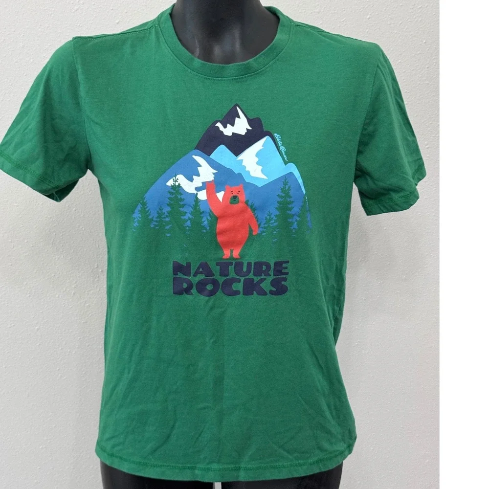Eddie Bauer Nature Rocks Bear Mountain Graphic Tee Kids‎ L 14/16 Green Hike Camp